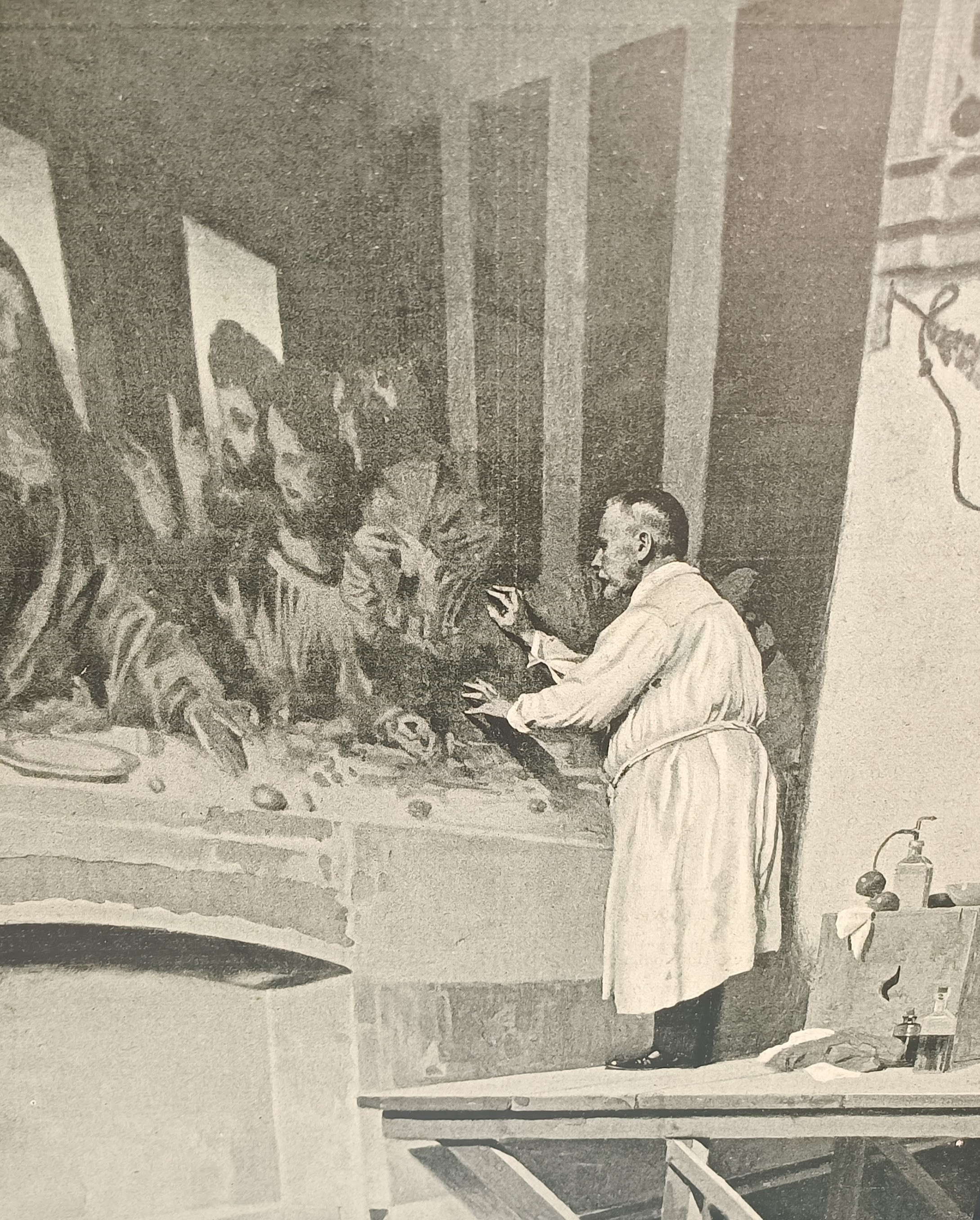 O Luigi Cavenaghi επί το έργον (1908). Από ζωγραφιά του Riccardo Salvadori από φωτογραφία του L'Illustrazione Italiana, Year XXXV, No 41, October 11, 1908.