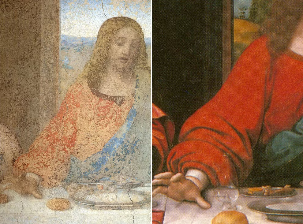 Η διαφορά στο δεξί μανίκι του Ιησού της αποκατάστασης της Barcilon ( στα αριστερά) με την απεικόνιση στο αντίγραφο του Giampietrino ( στα δεξιά ). Φωτογραφία: Wikipedia. 