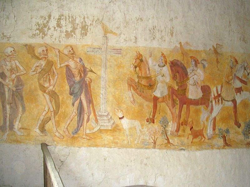 A French church wall painting depicting the Three Living and the Three Dead, from the Église Saint-Germain de La Ferté-Loupière