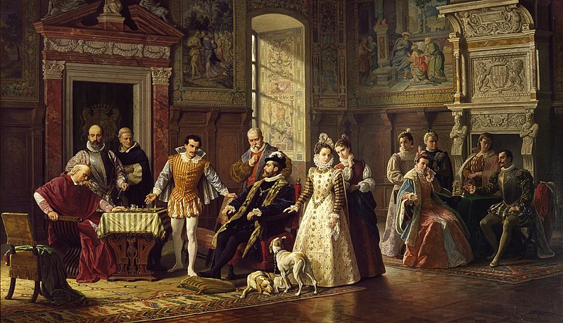 Ruy López playing Leonardo di Bona in the Spanish royal court; also depicted is King Philip II of Spain. (Luigi Mussini, 1883). Πηγή: Wikipedia